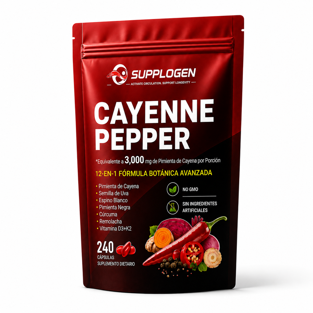 SuppLogen Cayenne Pepper 12-en-1 – Fórmula Botánica Avanzada para Circulación, Energía y Bienestar Diario