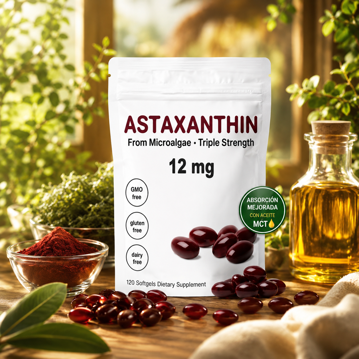 Astaxanthin 12 mg Triple Strength – Antioxidante Premium con Aceite MCT | 120 Softgels