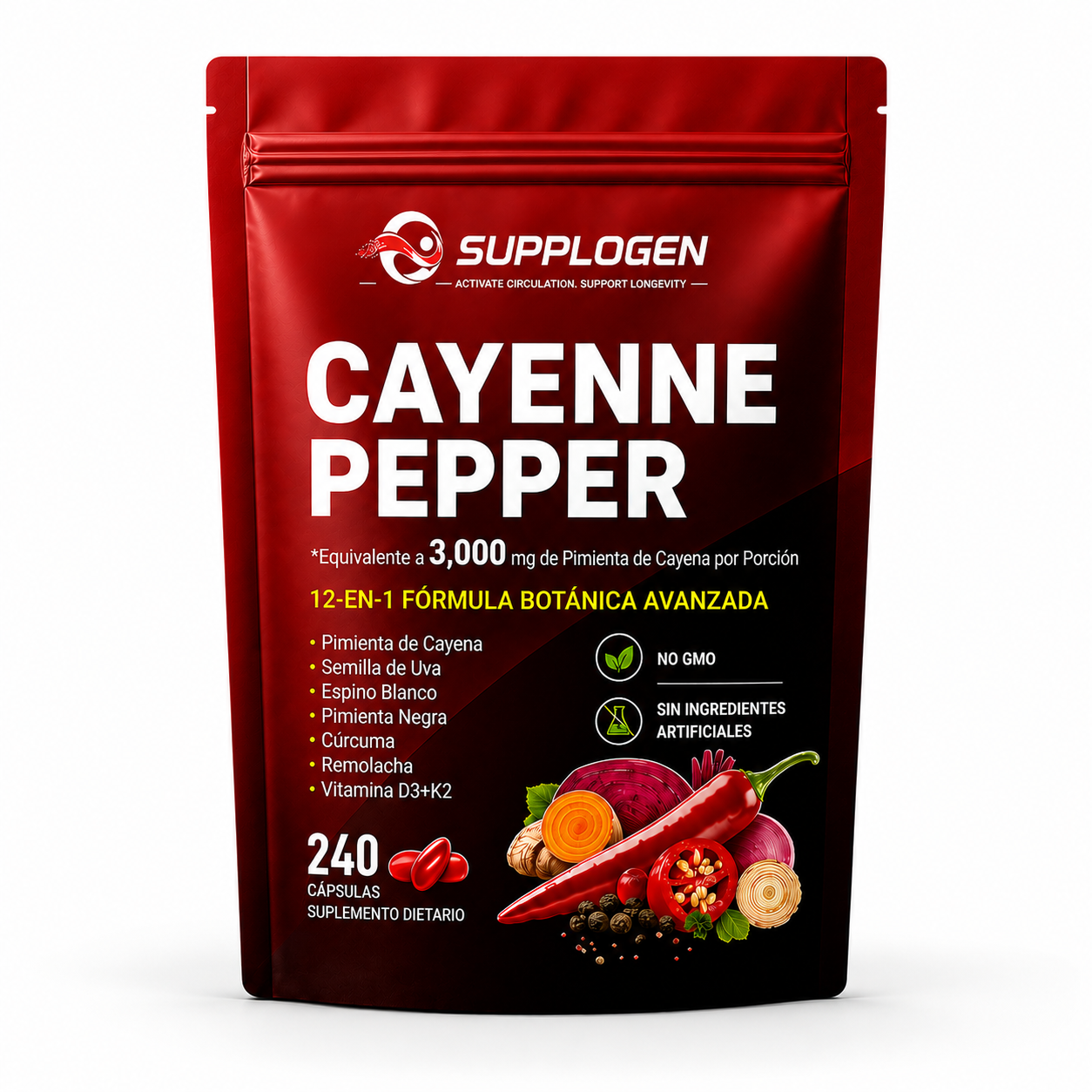 SuppLogen Cayenne Pepper 12-en-1 – Fórmula Botánica Avanzada para Circulación, Energía y Bienestar Diario
