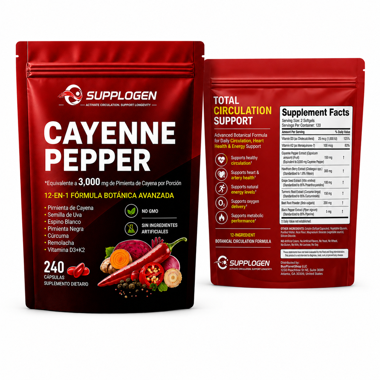SuppLogen Cayenne Pepper 12-en-1 – Fórmula Botánica Avanzada para Circulación, Energía y Bienestar Diario