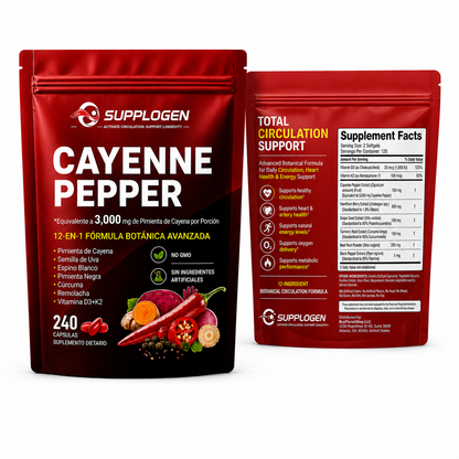 SuppLogen Cayenne Pepper 12-en-1 – Fórmula Botánica Avanzada para Circulación, Energía y Bienestar Diario