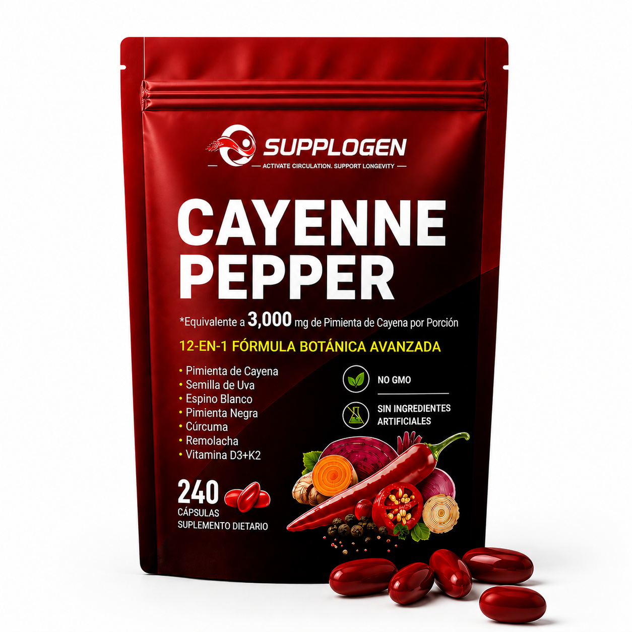 SuppLogen Cayenne Pepper 12-en-1 – Fórmula Botánica Avanzada para Circulación, Energía y Bienestar Diario