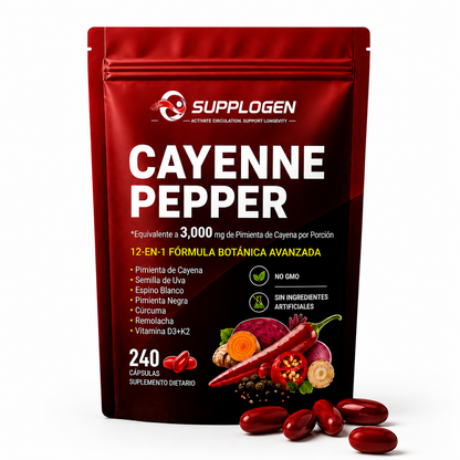 SuppLogen Cayenne Pepper 12-en-1 – Fórmula Botánica Avanzada para Circulación, Energía y Bienestar Diario