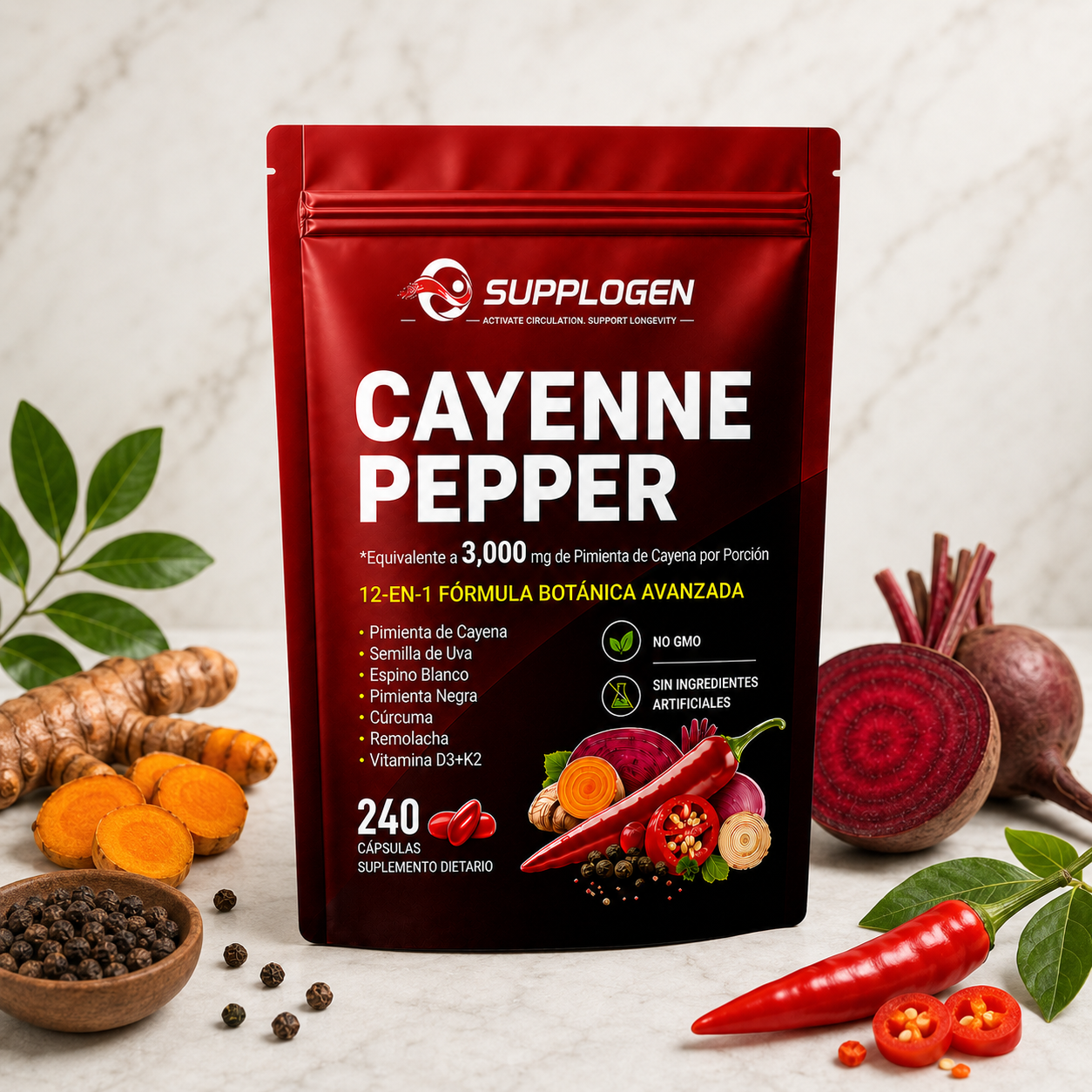 SuppLogen Cayenne Pepper 12-en-1 – Fórmula Botánica Avanzada para Circulación, Energía y Bienestar Diario